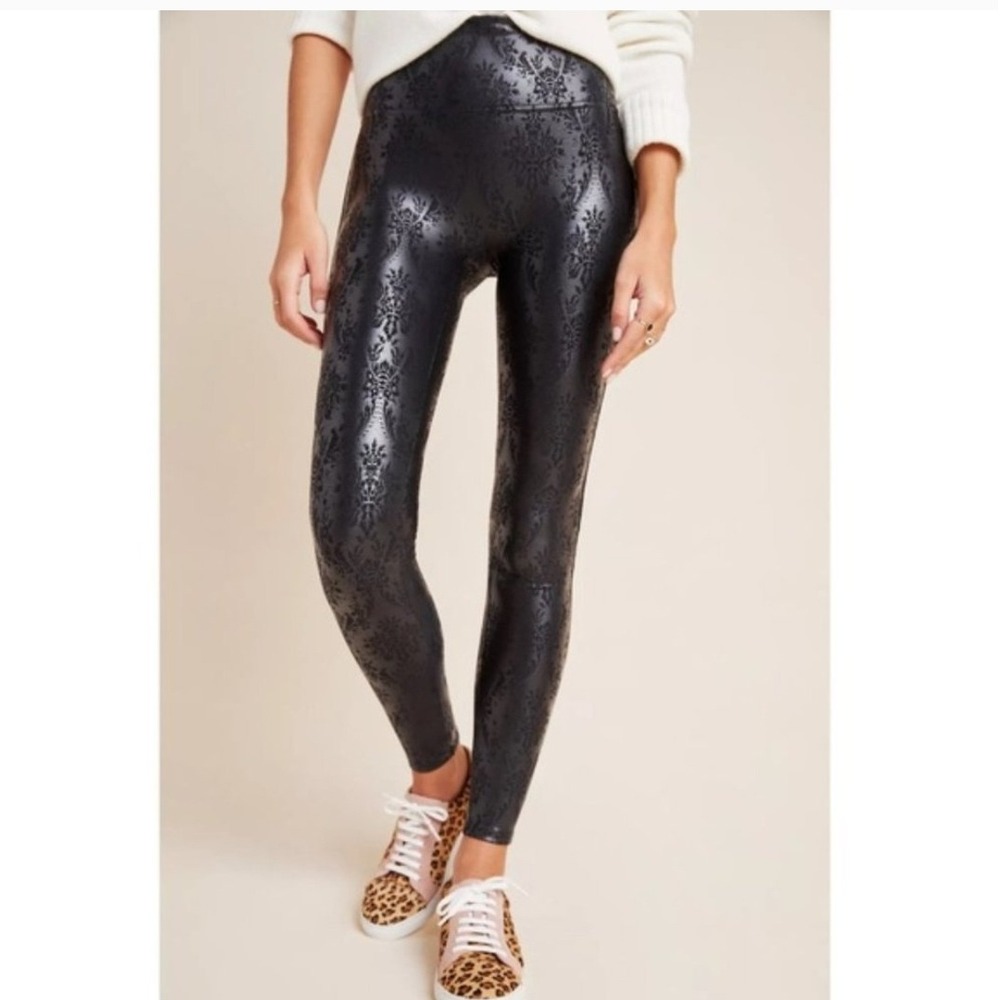 Spanx -143 Black Floral Brocade Faux Leather High Waisted Leggings Womens Medium
